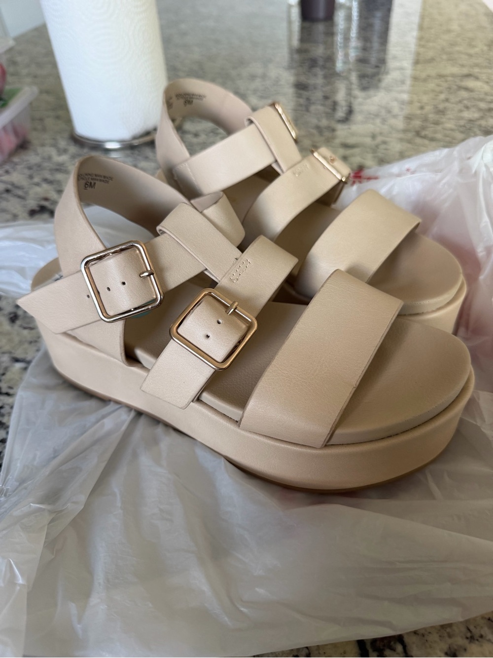 Women's Beige Platform Sandals with Buckle Closure - Picture 1 of 7